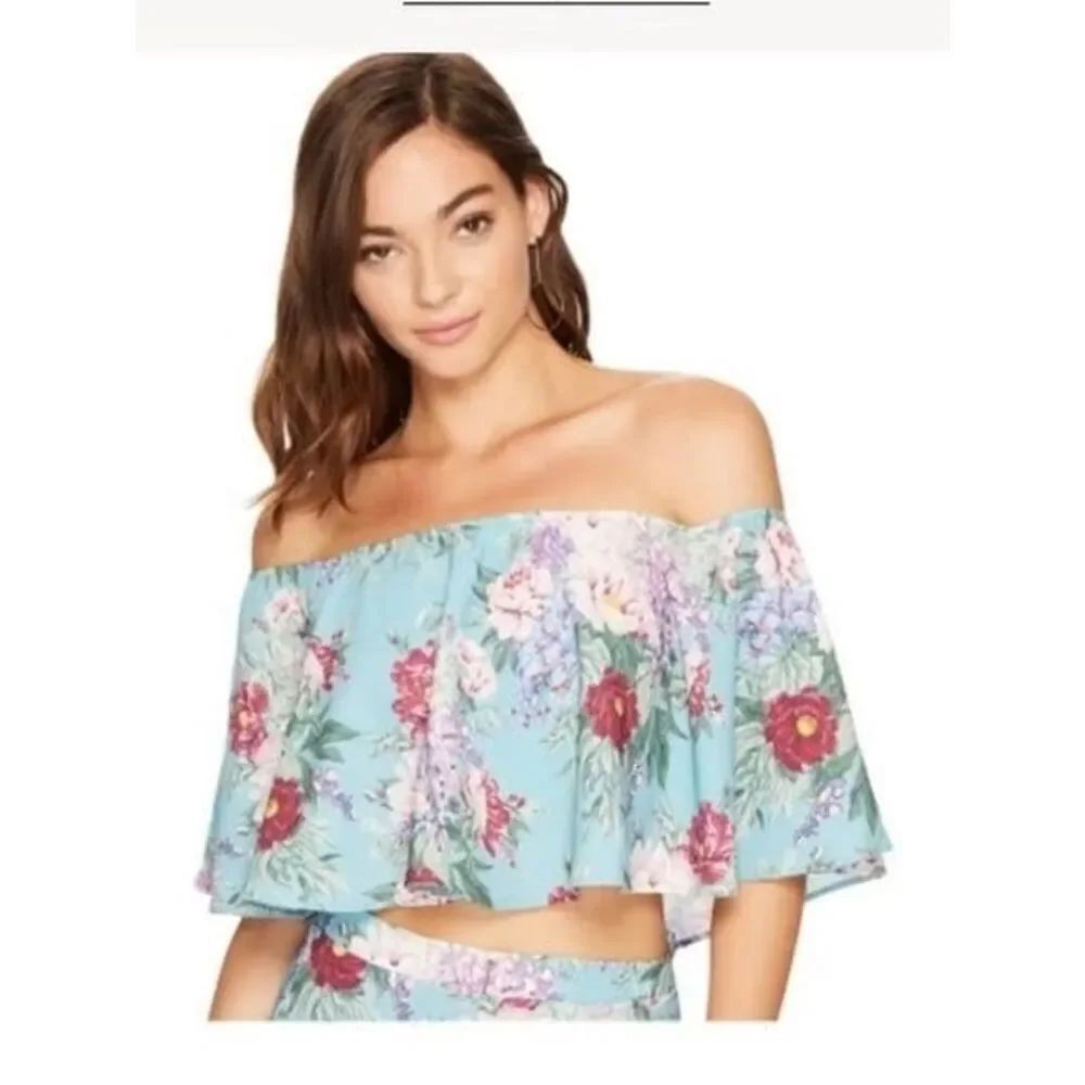 Anthropologie Show Me Your MuMu Blue Floral Off-Shoulder Crop Top
